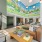 large office space with colorful mural